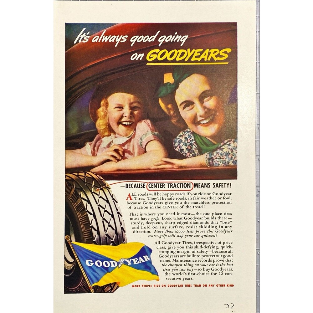 Goodyear "Because Center Traction Means Safety- Mother & Child Artwork" Ad 1937